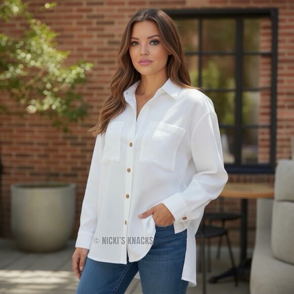 Magaschoni White Oversized Gold Button Shirt Blouse Relaxed Fit Cotton XS NWT - Picture 1 of 12